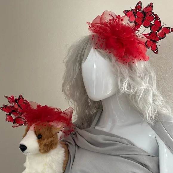 Red Holiday Fascinator Set For Owner and Pet by Crown and Collars.